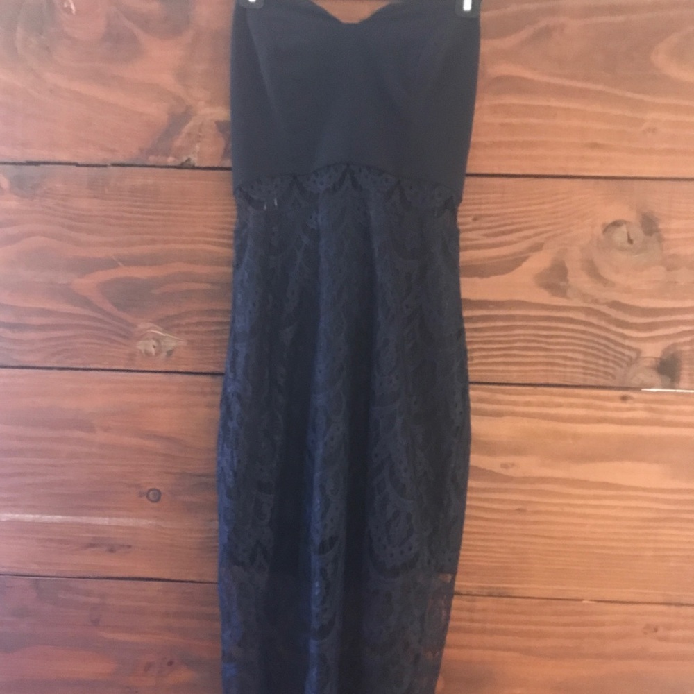 Strapless Navy Midi Dress w Delicate Lace